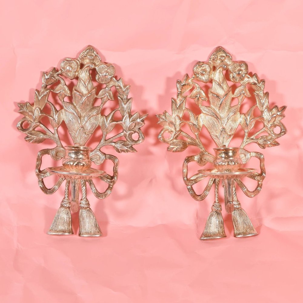 Set of 2 Silver Floral Candle Sconces, Vintage Silver Candle Holder,
